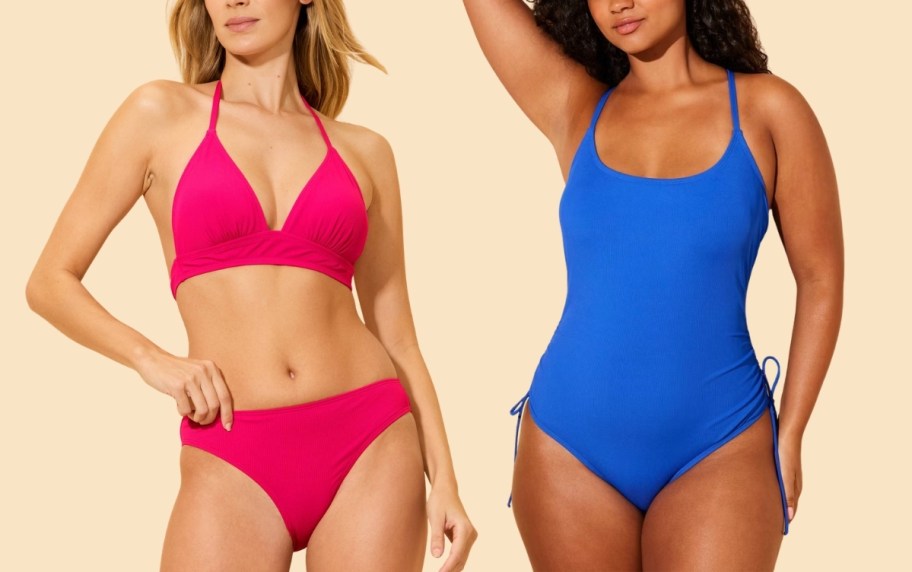 a woman in a hot pink bikini and a woman in a cobalt blue one piece