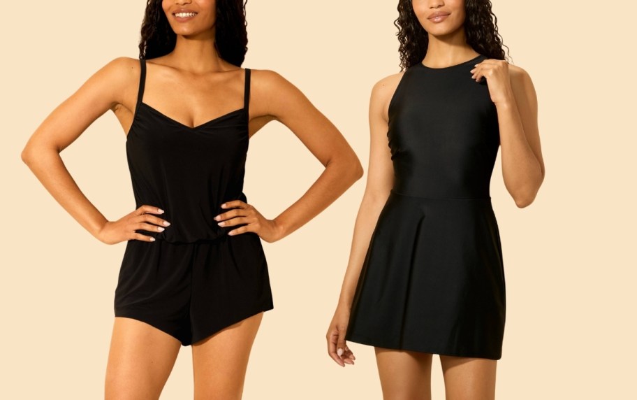 a woman in a swim romper and a woman in a swim dress