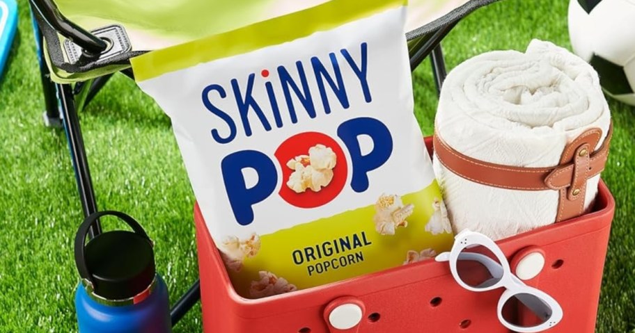 SkinnyPop popcorn bag in a tote bag