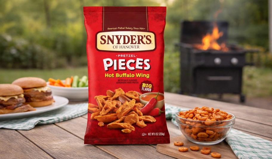 Snyder's of Hanover Pretzel Pieces Hot Buffalo Wing bag sitting on table with food on table and grill in background
