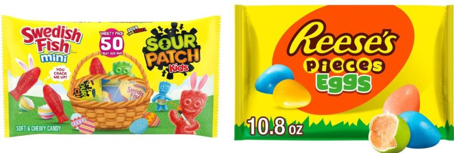 a sour patch kids and swedish fish bag and a reeses eggs bag