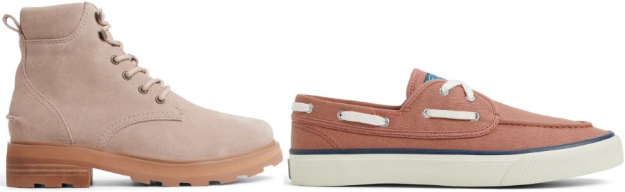 A tan suede lace-up boot with a sturdy sole is next to a casual rust-colored boat shoe with white laces and a rubber sole.