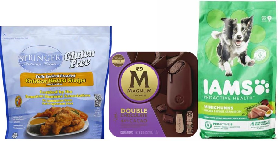 Spring mountain chicken bag, magnum ice cream bar, and iams dog food 