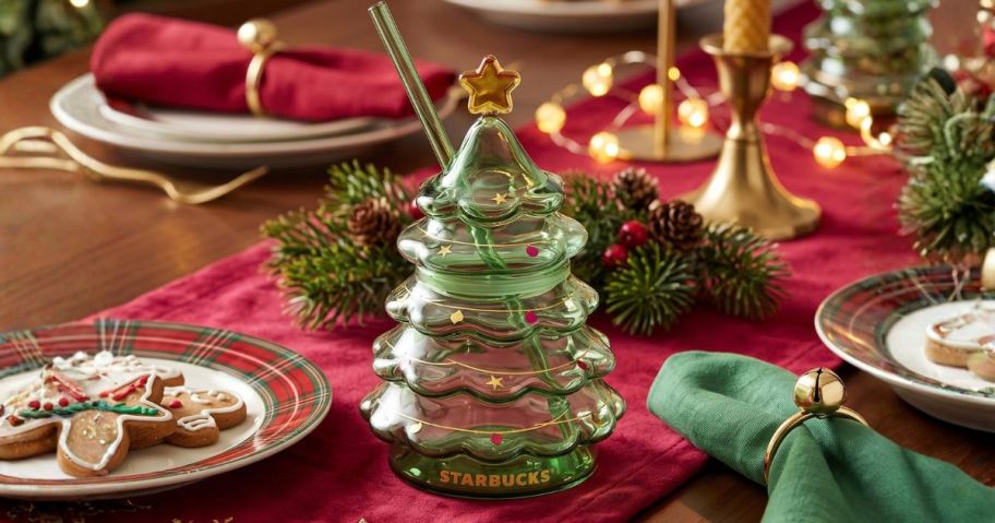 starbucks glass holiday tree cold cup on holiday table