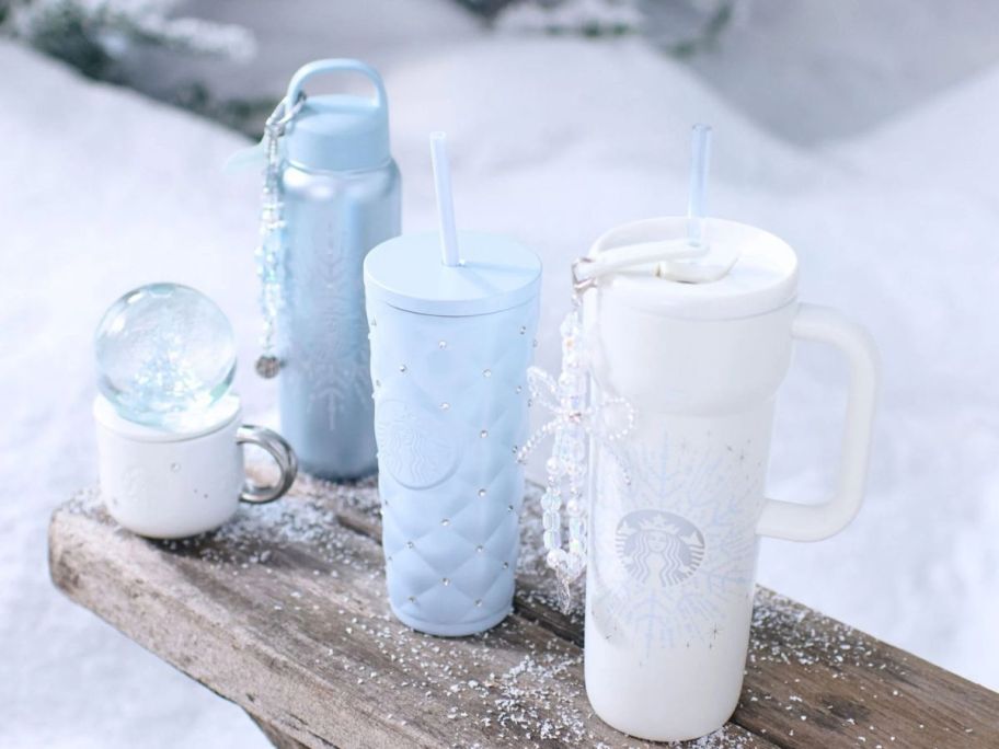 starbucks winter wonderland collection on bench