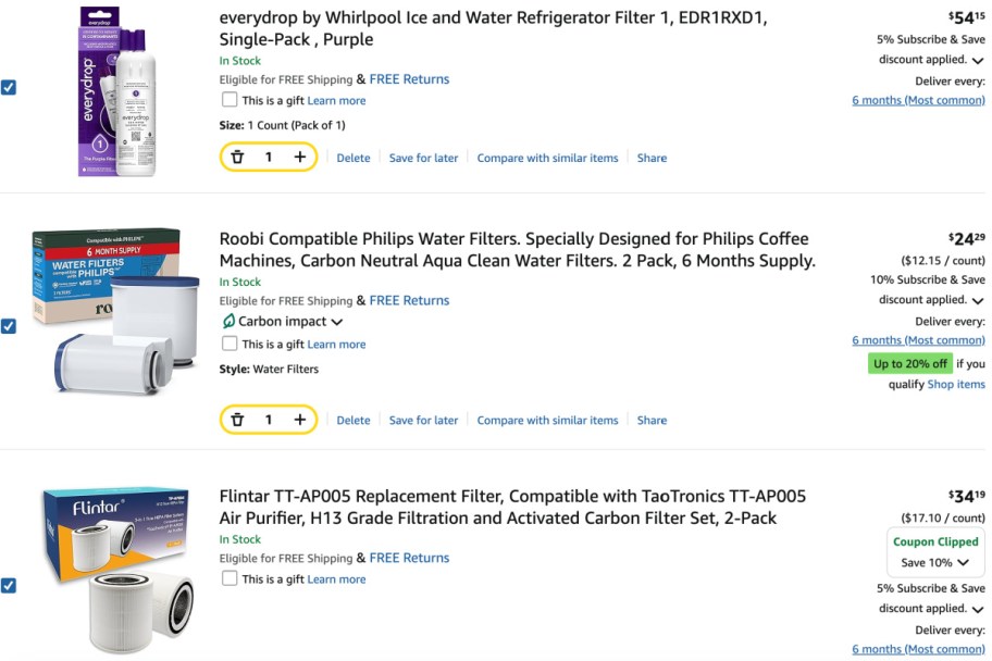 screenshot of home filtrs in subscribe & save order