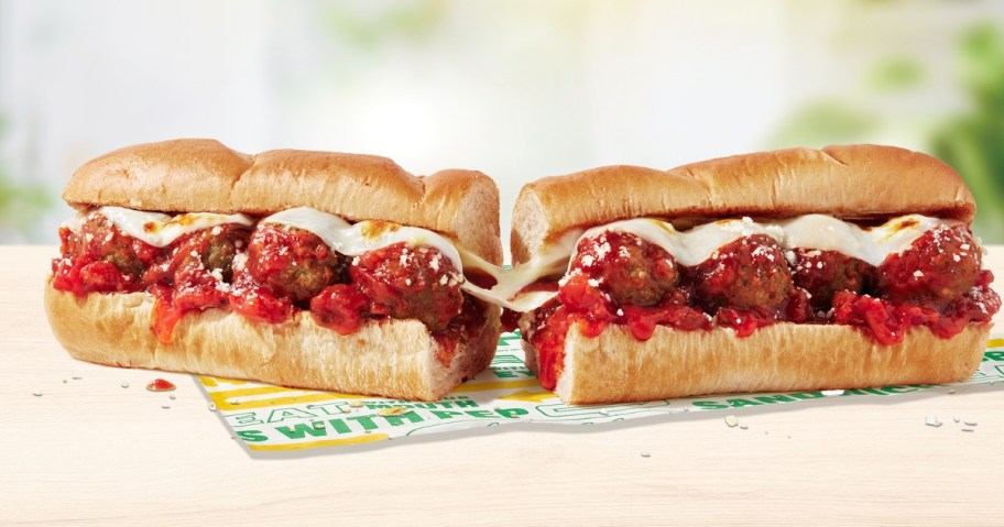 a Subway foot long meatball sub on a wrapper