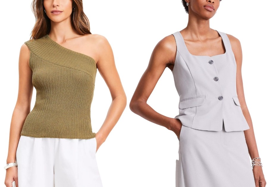 woman in a one shoulder sweater and woman in a vest and skirt