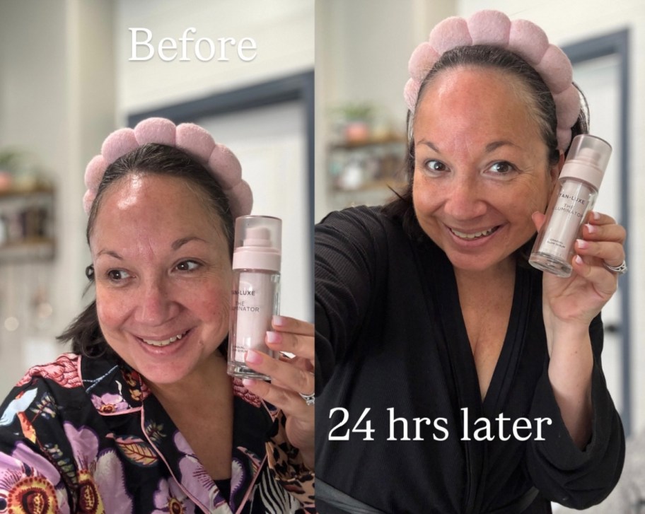 before and after side by side images of a smiling woman with a self tanner