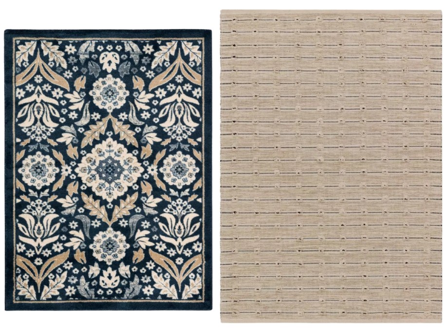 a blue Persian style rug and a cream and black rug