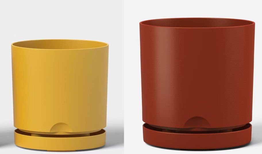 yellow and red self watering planters 