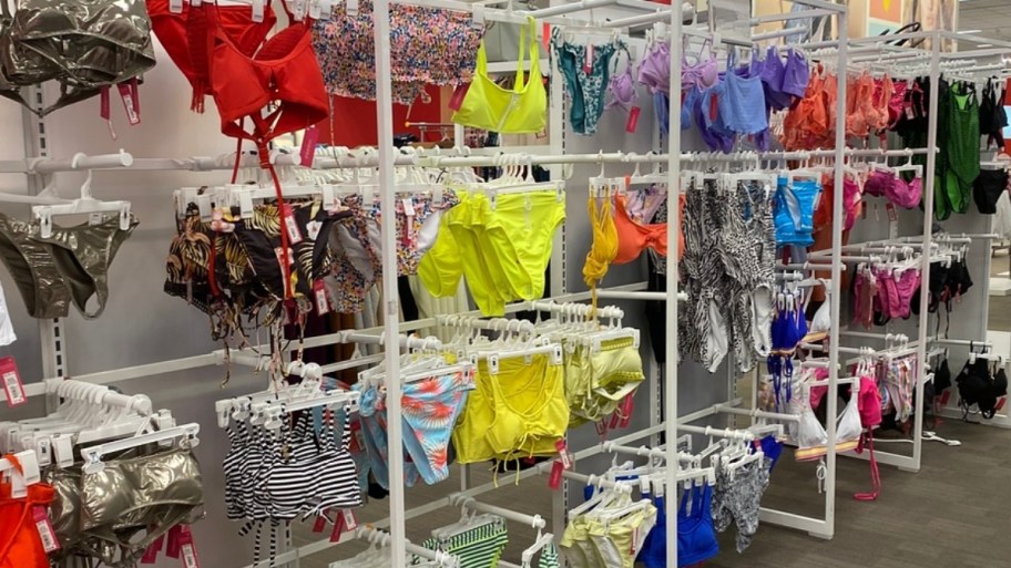 target womens swimsuits on display in a store