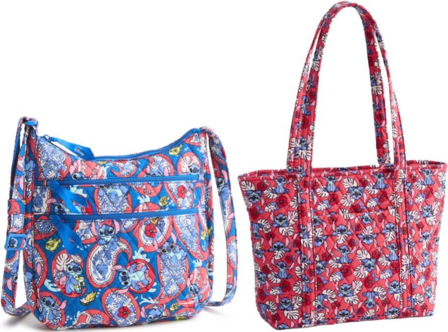 Two colorful bags with cartoon designs. The left bag is blue with multiple zippers, featuring Lilo & Stitch characters on a paisley pattern. The right bag is red, quilted, with floral elements.