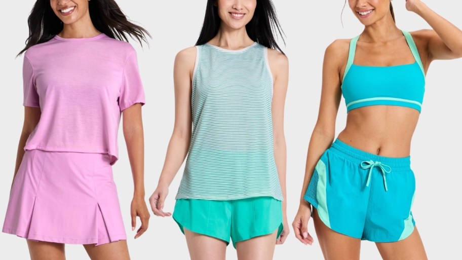 a woman in a dark pink tee, a green and white striped tank and a green and aqua sports bra