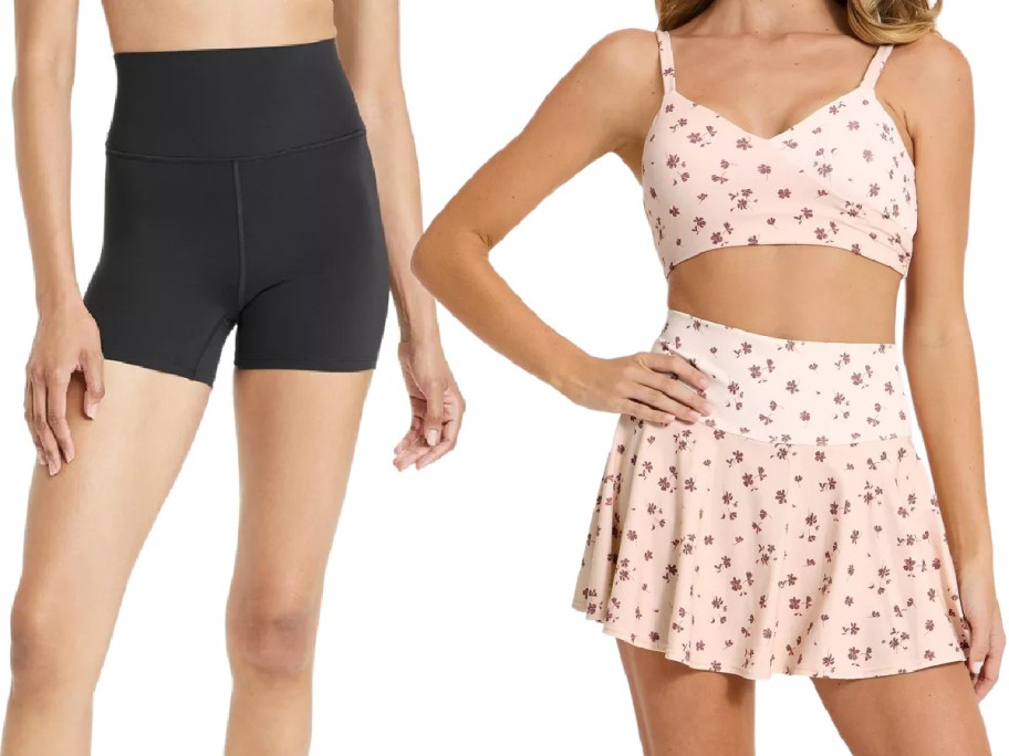 Two women are shown. One wears high-waisted black shorts; the other wears a light pink floral sports bra and matching skirt.