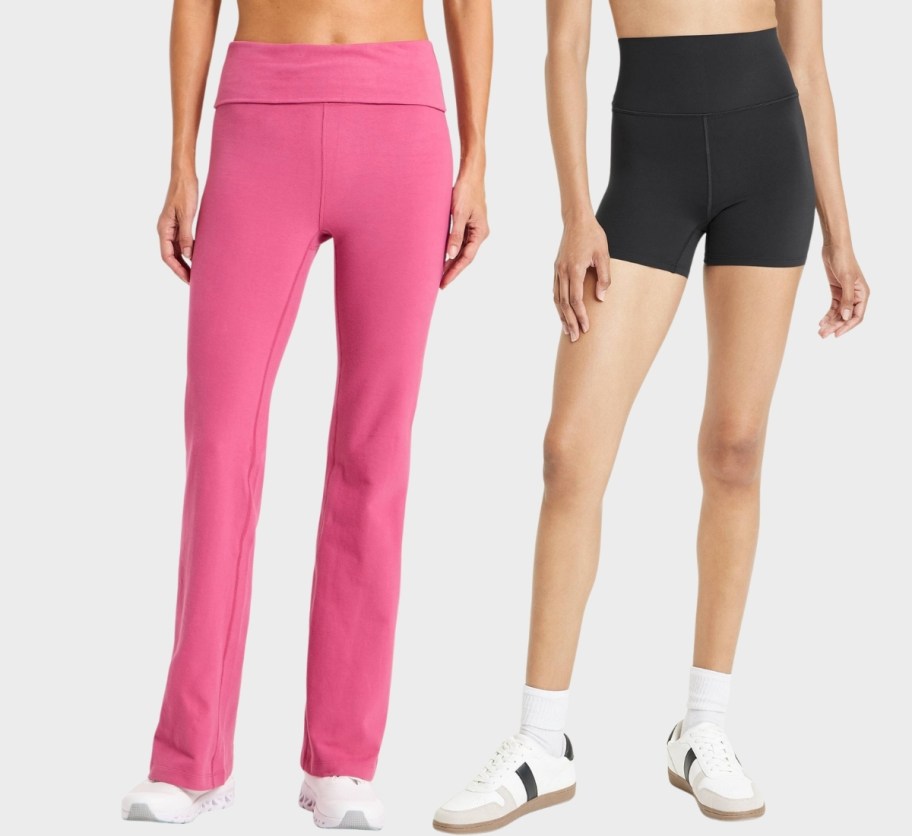 a woman in a pair of dark pink youga pants and a woman ina pair of black bike shorts