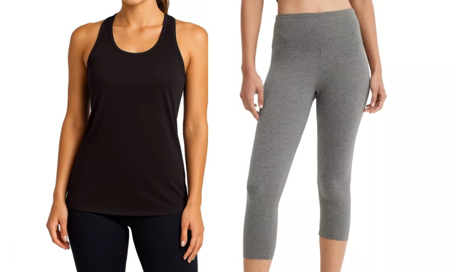 A woman models a black sleeveless tank top paired with black leggings on the left, and gray capri leggings on the right.