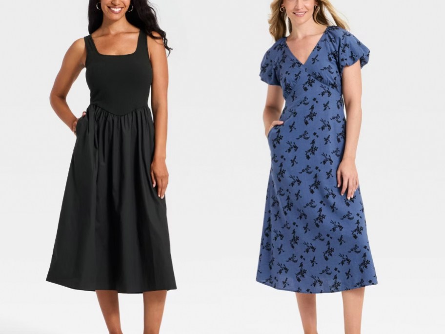 women wearing black and blue dresses