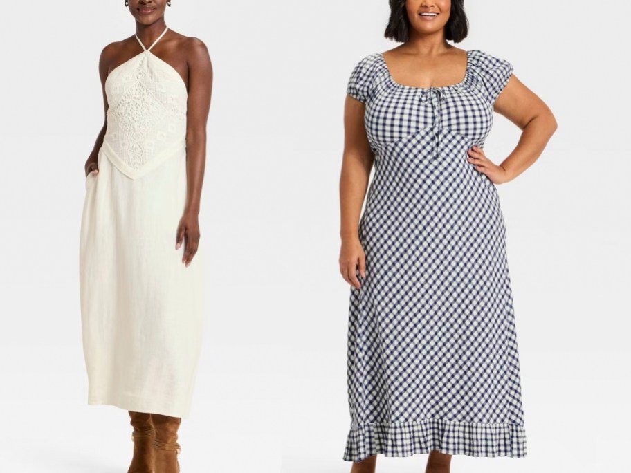 women wearing white and black gingham dresses