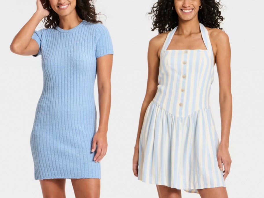 women wearing blue and light blue striped dresses