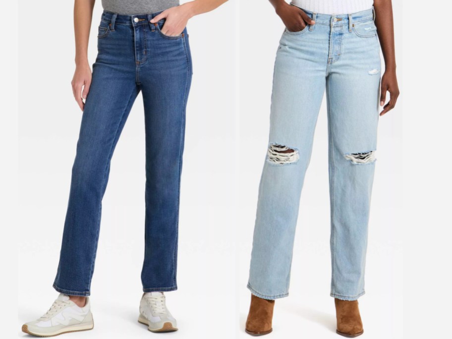 Two models wearing jeans: a medium-blue straight-leg pair with white sneakers on the left and a light-wash distressed pair with knee rips and brown boots on the right.