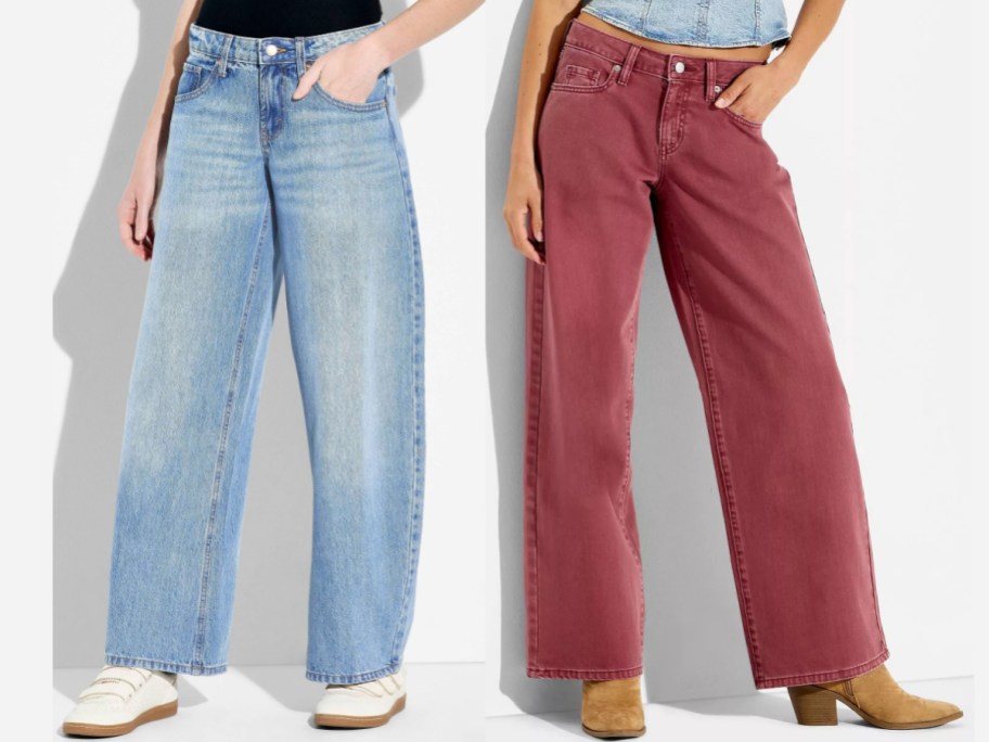 Two models wearing wide-leg jeans: a light-wash blue pair with white sneakers on the left and a burgundy pair with brown boots on the right.