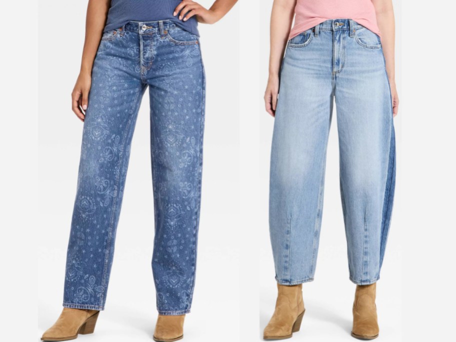 Two models wearing blue jeans and brown boots: a patterned pair with a floral or paisley print on the left and a curved barrel-leg pair on the right.