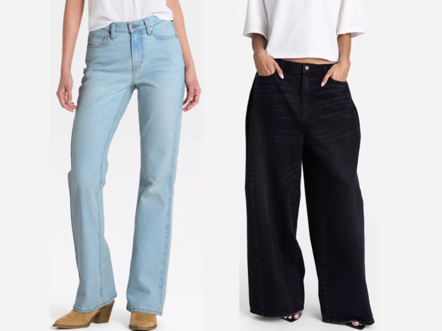 Two models wearing jeans: a light-wash straight-leg pair with brown boots on the left and a black wide-leg pair on the right.