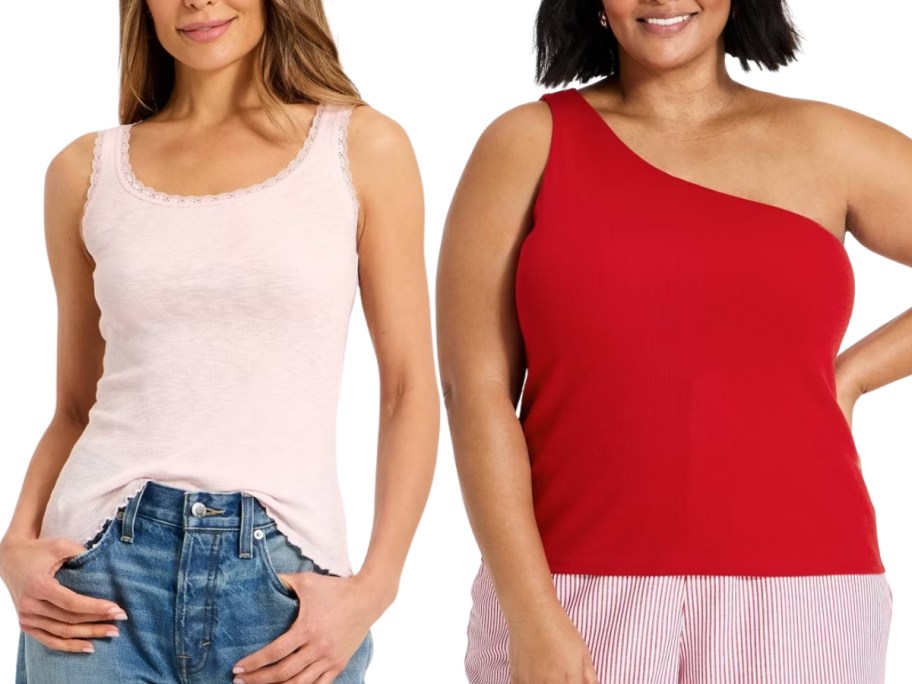 two women wearing tank tops and shorts