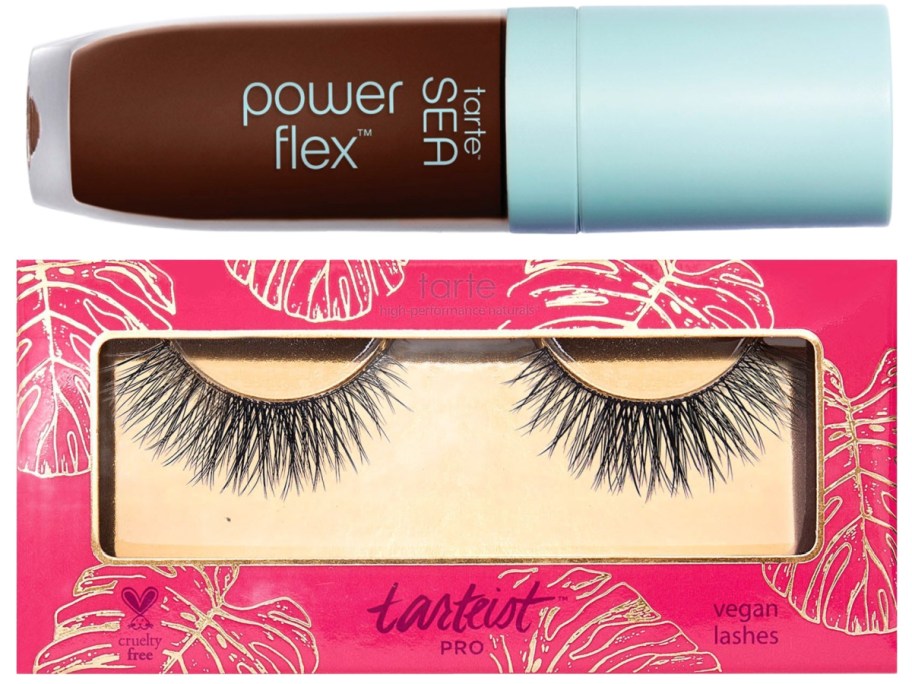 A brown Tarte Power Flex concealer with a blue cap, above pink and gold packaging with vegan false eyelashes, featuring tropical leaf designs.