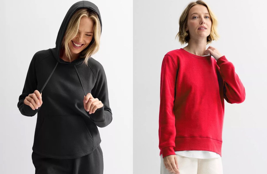 women wearing black hoodie and red crewneck sweatshirt