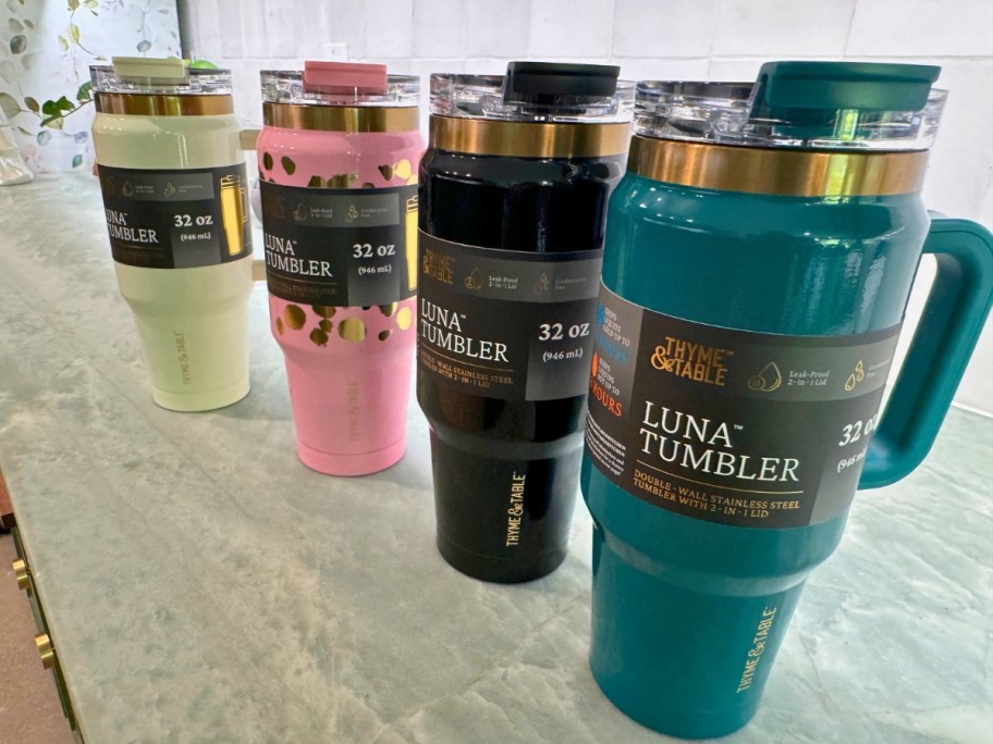 four Thyme and Table large tumblers with handles in different colors