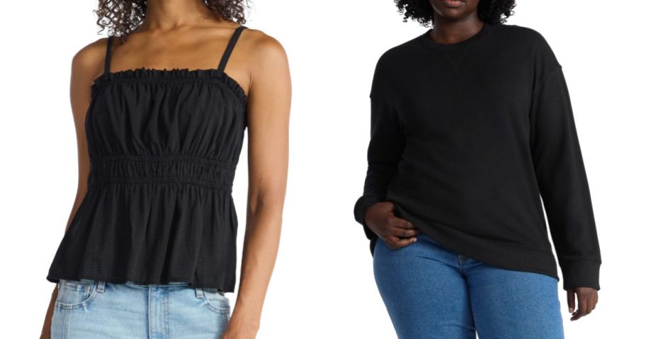 two women wearing a time and tru top and sweatshirt