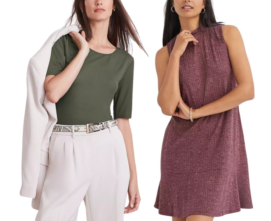 woman in a green tee and woman in a sleeveless dress