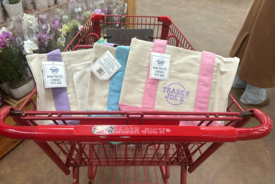 3 trader joes mini totes in pastel colors in a cart