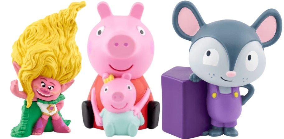 trolls, peppa pig, and Lalalinos tonies figurines