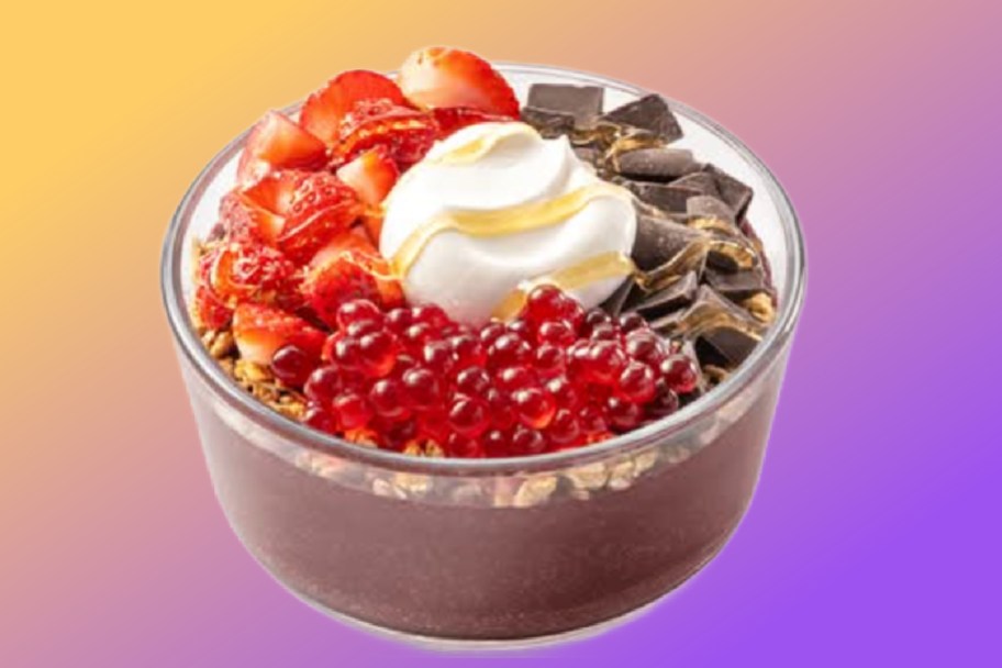 acai bowl with popping boba and chocolate on top