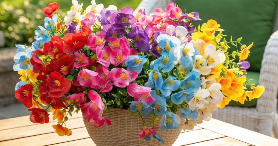 colorful artificial flowers in a pot