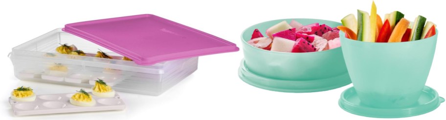 Plastic containers filled with deviled eggs, diced dragon fruit, and vegetable sticks. The containers have colorful lids in pink and teal.