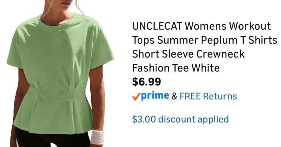 woman wearing green shirt next to Amazon pricing information