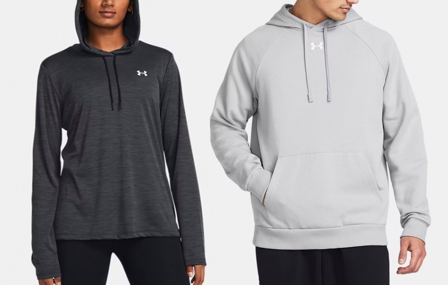 people wearing gray under armour hoodies 