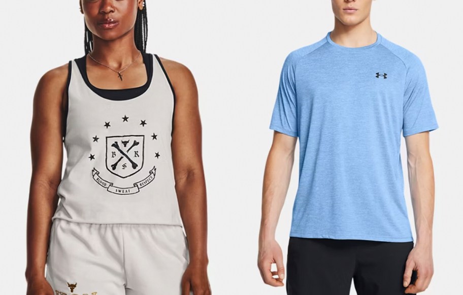 people wearing gray and blue under armour tops 