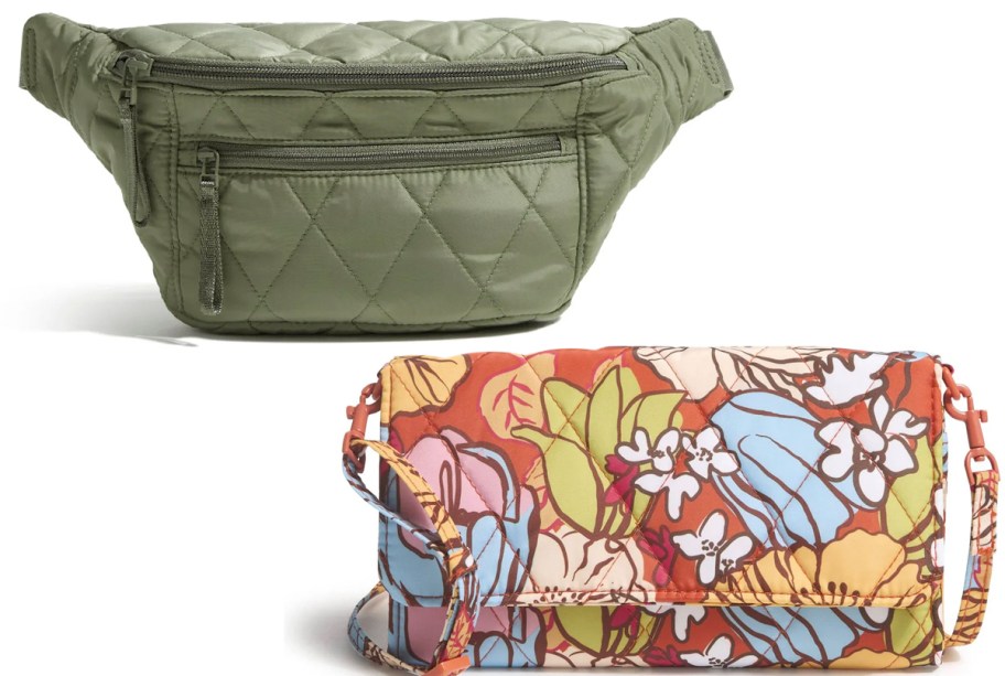green belt bag and floral crossbody