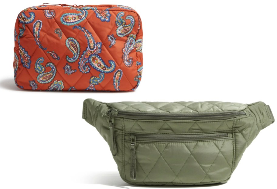 orange floral bag and green belt bag