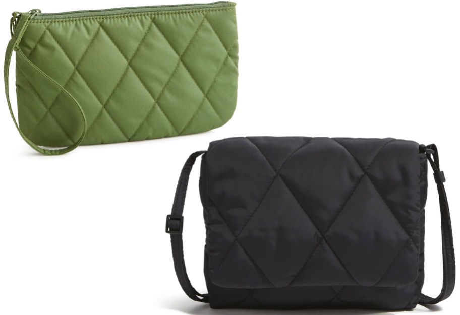 green wristlet and black crossbody bag