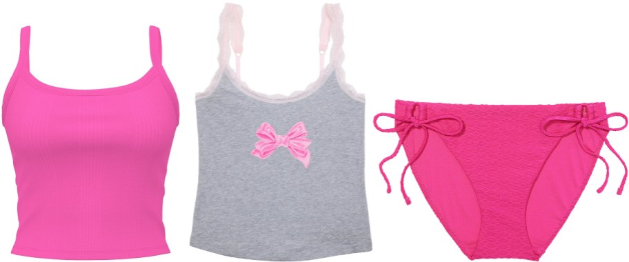 Three women's clothing pieces: a pink camisole, a gray tank with lace and a bow, and pink bikini-style bottoms with side ties.