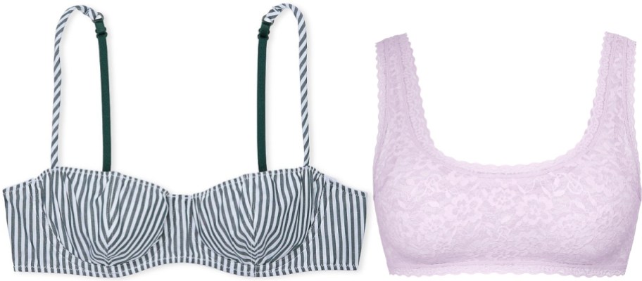 Striped underwire bra with black stripes and ribbon straps beside a soft pink lace bralette.