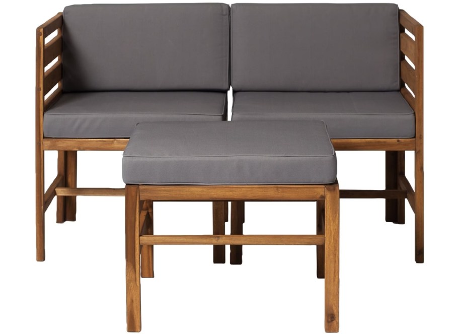 two seater outdoor convo set with ottoman and gray cushions