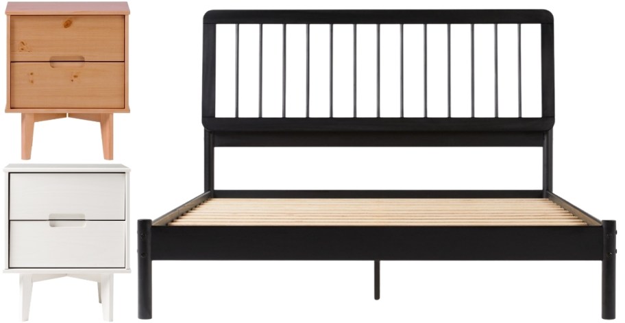 pine and white solid wood night stands and bacl wooden queen bed frame