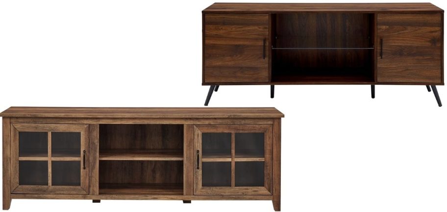 two wooden tv stands in different styles